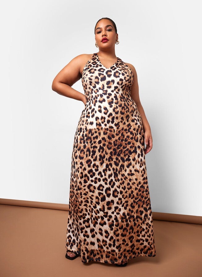 YASMEEN LEOPARD OPEN BACK MAXI SLIP DRESS, Brown / Brown, alternate image number 1