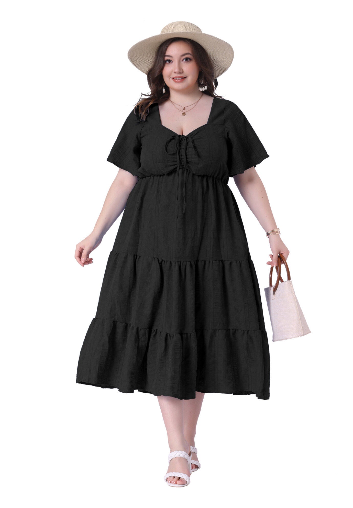 Short Sleeve Flowy A Line Tiered Long Dresses, Black / Black, hi-res image number 0