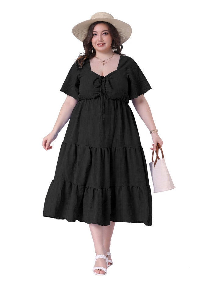 Short Sleeve Flowy A Line Tiered Long Dresses, Black / Black, hi-res image number 0