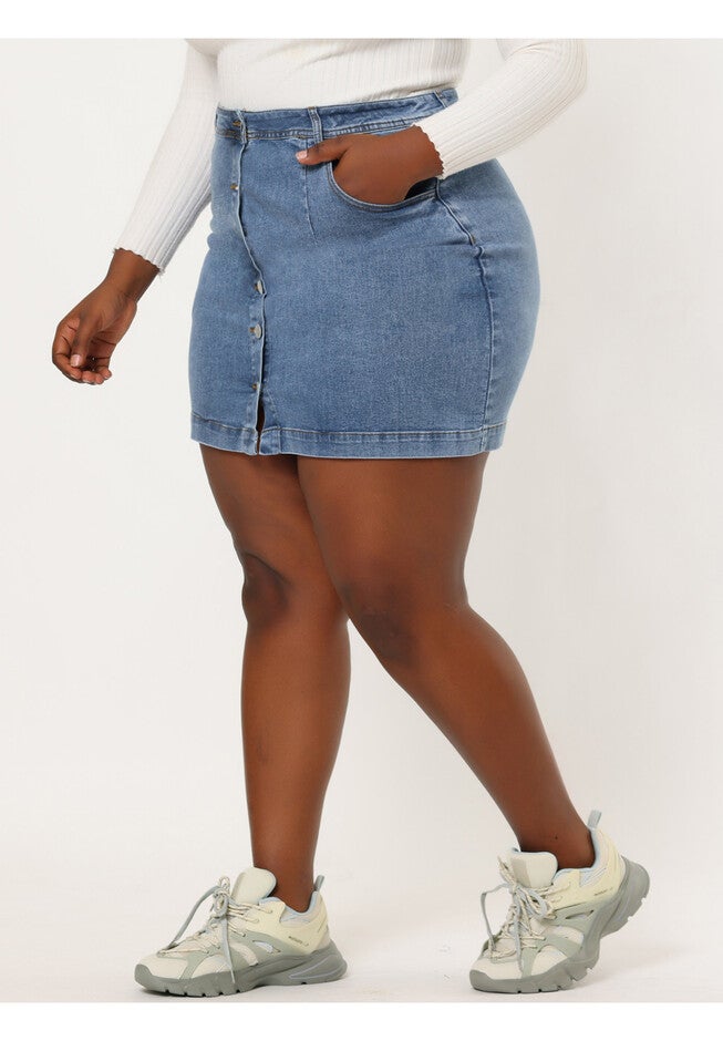 BUTTON SIDE POCKET A LINE JEAN MINI DENIM SKIRT, Sky Blue / Light Blue, alternate image number 3
