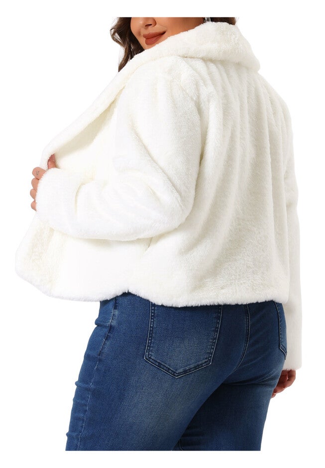 CROPPED LAPEL SHRUG FAUX FUR FLUFFY COAT JACKET, White / White, alternate image number 3