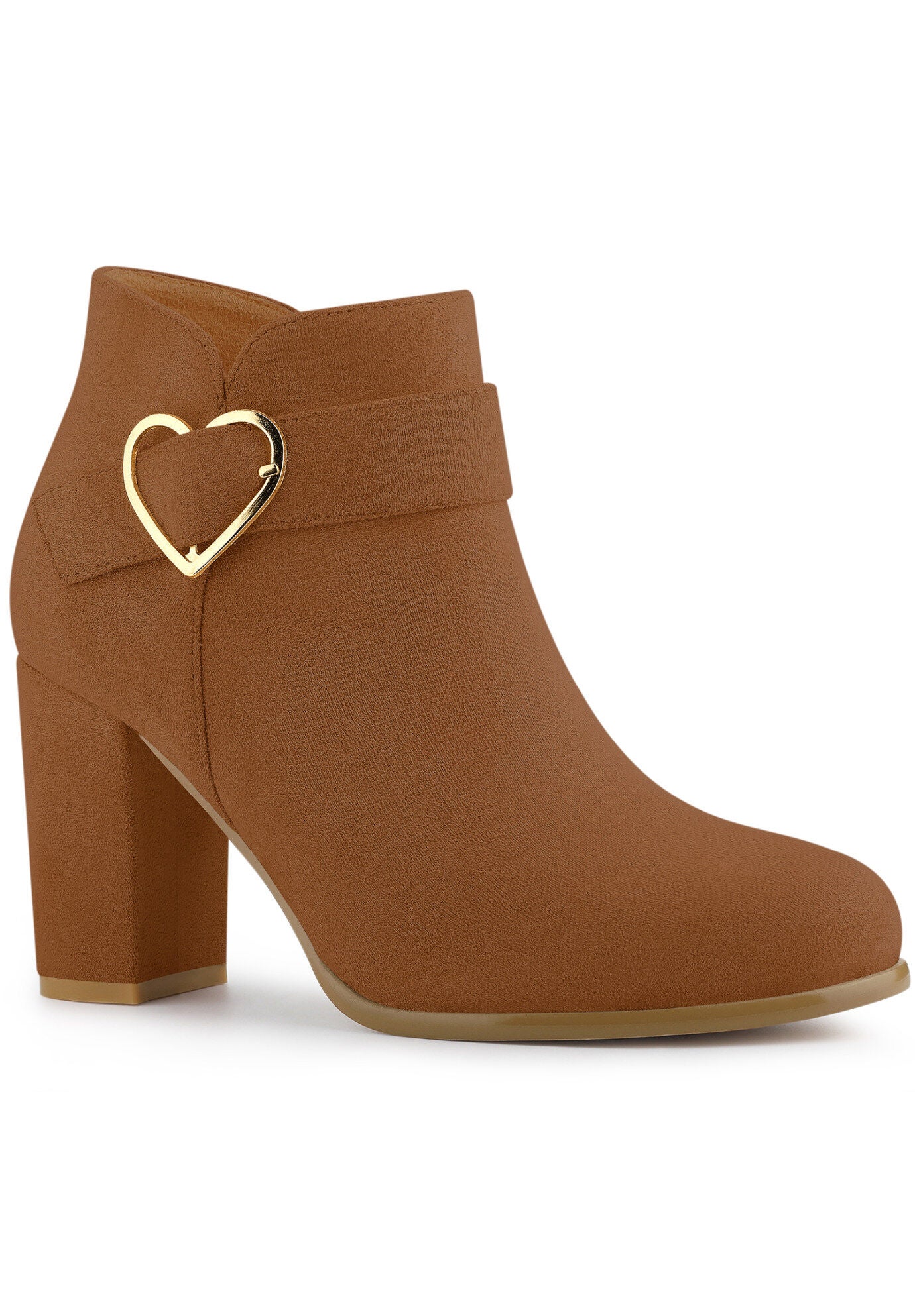Heart Buckle Side Zip Chunky Heels Ankle Boots, Brown / Brown, hi-res image number 0