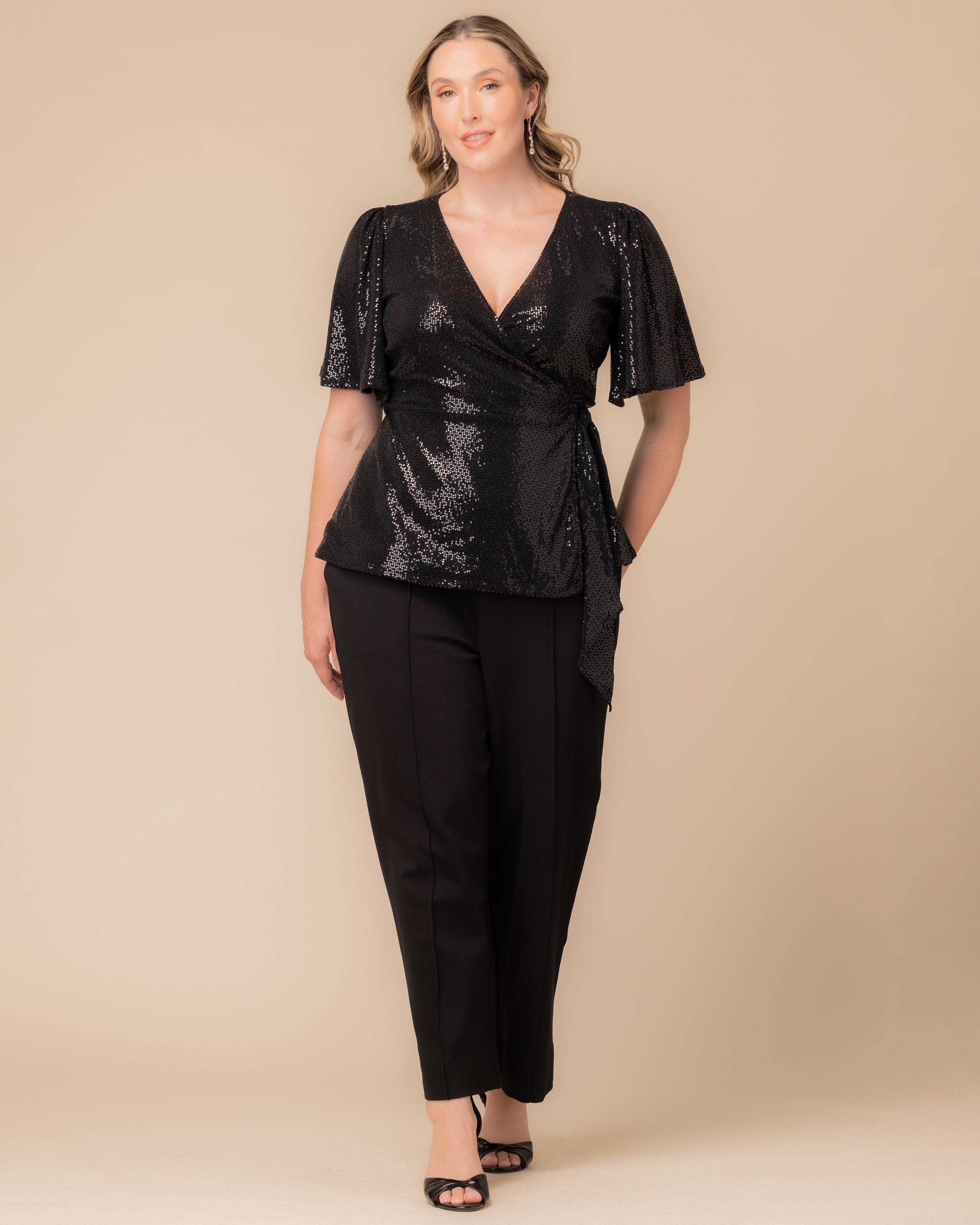 Shimmering Sequin Wrap Top, ONYX / Black, alternate image number 4