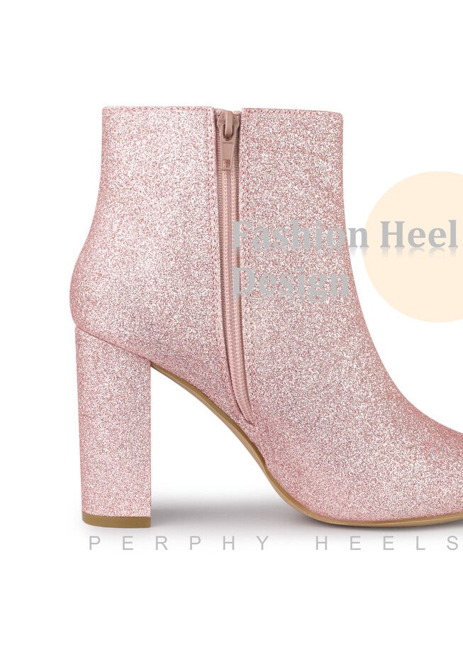 Glitter Pointed Toe Chunky Heels Sparkly Booties, Pink / Pink, alternate image number 3