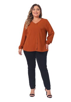 Long Sleeve Flowy Shirt Pleated V Neck Blouse