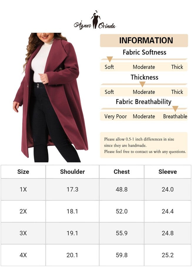 Notch Big Lapel Double Breasted Mid-Long Peacoat, Burgundy / Red, alternate image number null