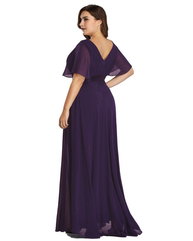 Long Chiffon Empire Waist Bridesmaid Dress with Short Flutter Sleeves, Dark Purple / Purple, alternate image number null