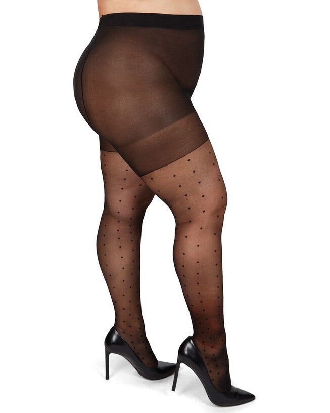 Pindot Sheer Plus Size Curvy Control Top Tights, BlackBlack / Black, hi-res image number null