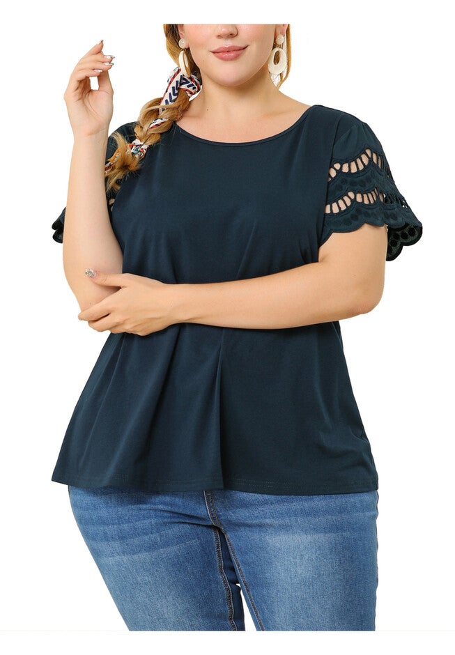 Lace Panel Hollow Short Sleeve Summer Blouse, Dark Blue / Navy, alternate image number 2