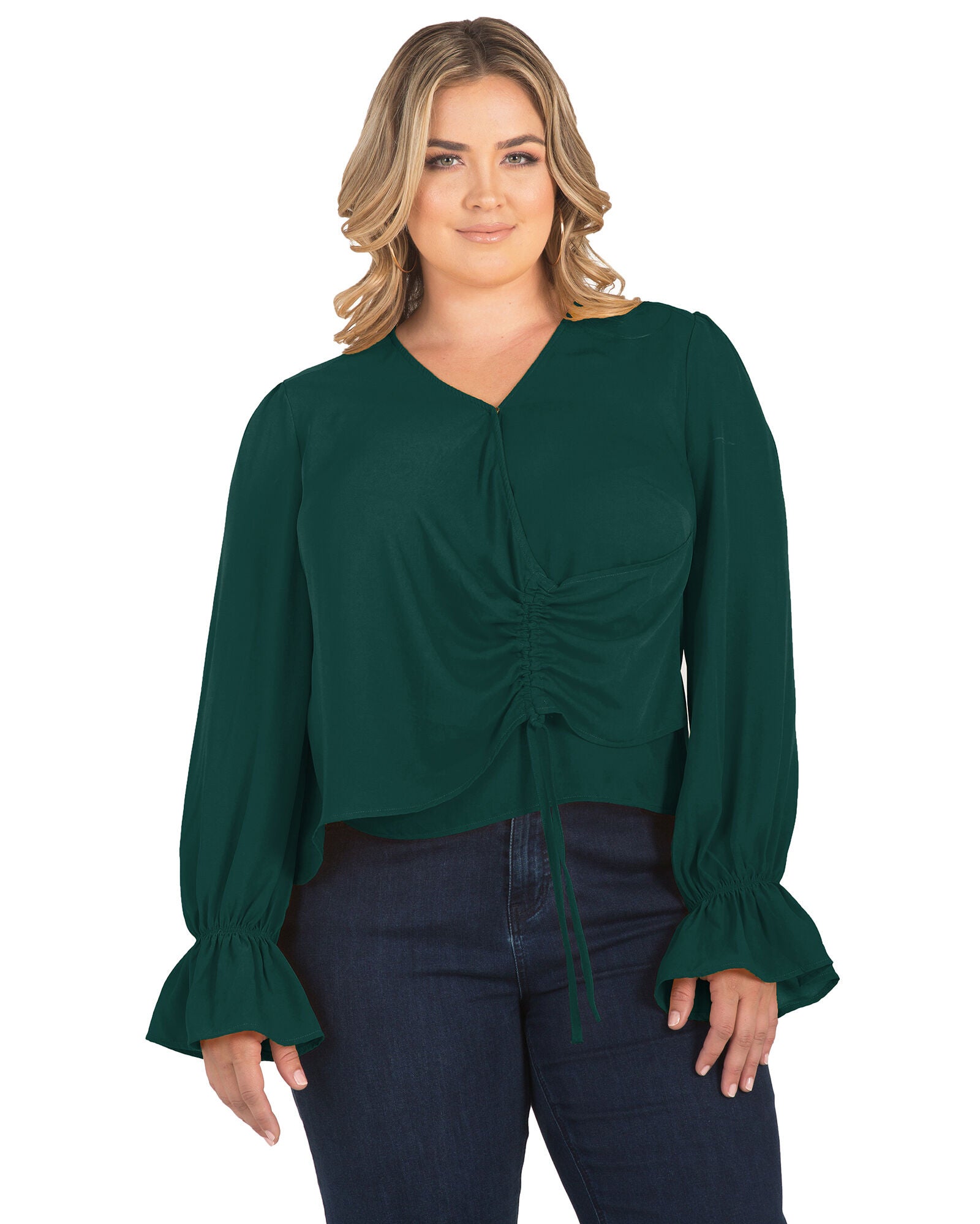 Plus Size Vera Tie Front Flute Sleeve Blouse, Teal / Teal, hi-res image number 0