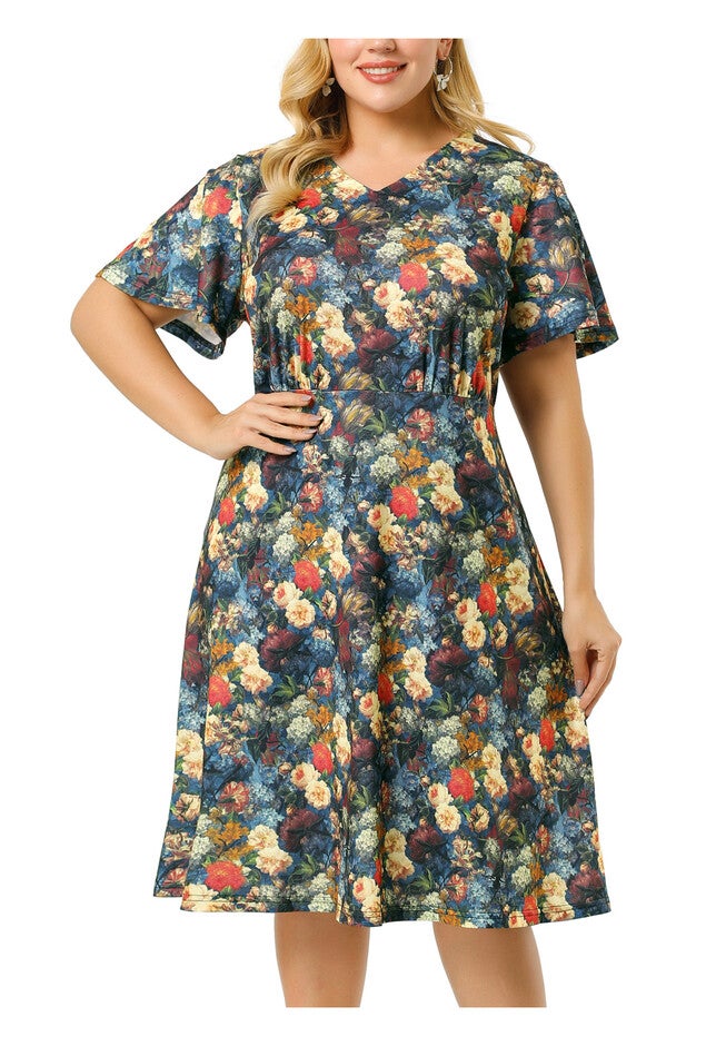 Short Sleeve Fit Flare Midi Sundress Floral Dress, Blue / Navy, alternate image number null