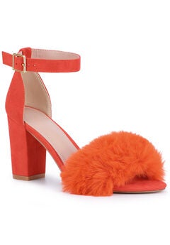 Fluffy Feather Ankle Strap Block Heel Sandal