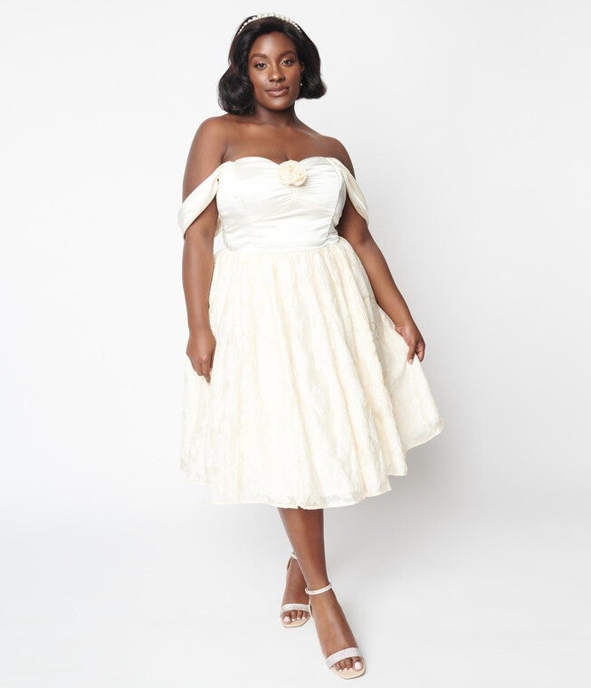 Unique Vintage 1950s Ivory Floral Off Shoulder Flare Dress, White / White, alternate image number null