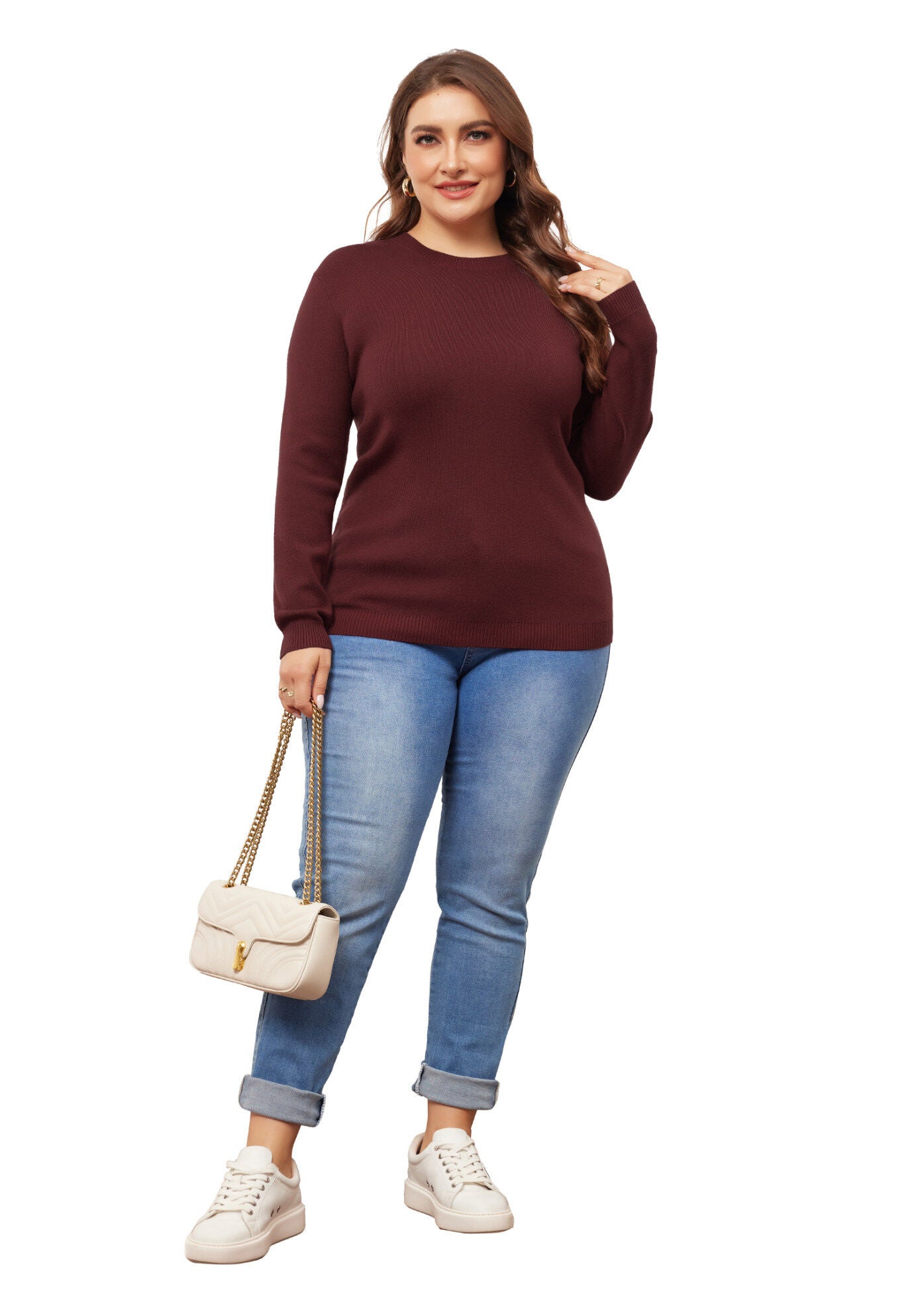 Long Sleeve Crewneck Knit Sweater Tee Top, Burgundy / Burgundy, hi-res image number 0