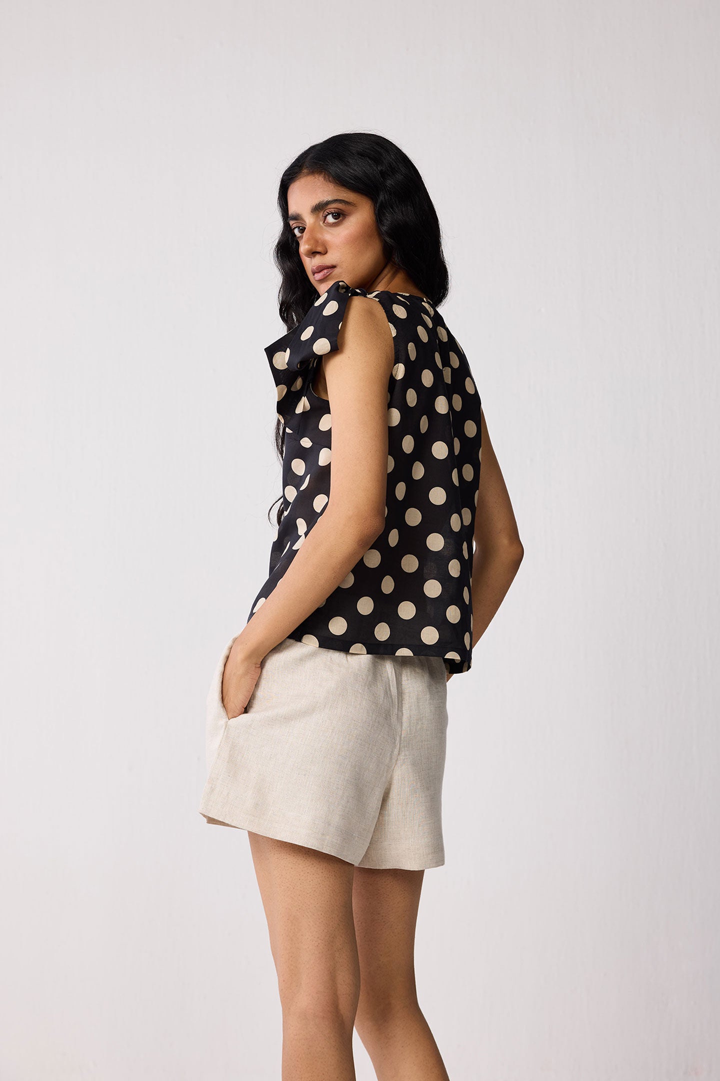 Regular V-Neck Polka Dot Top with Bow Detail, Midnight Confetti / Black, alternate image number 1