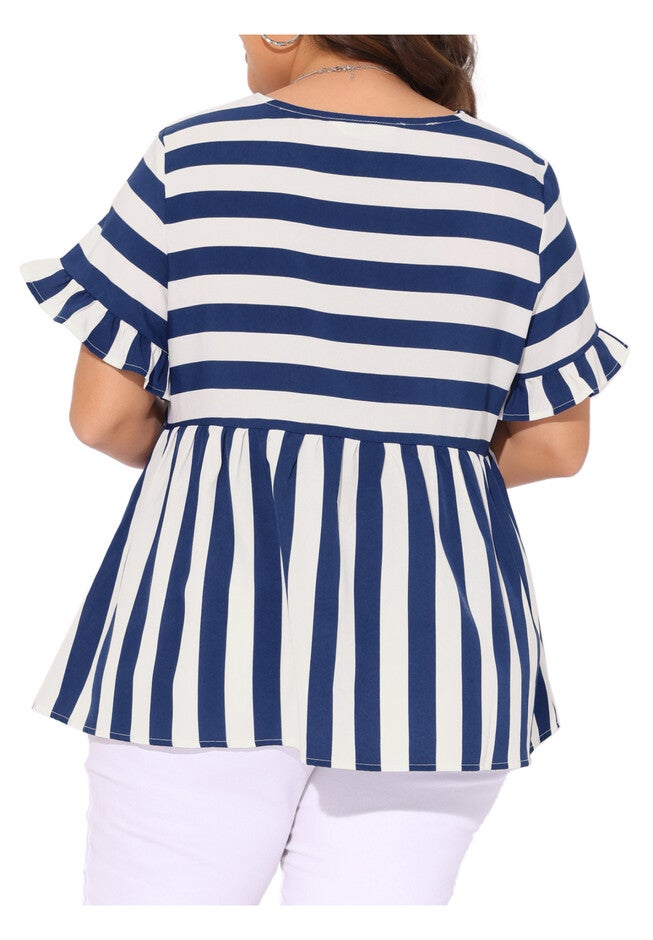 Loose Flowy Summer Babydoll Peplum Blouse, Blue White / Navy, alternate image number null