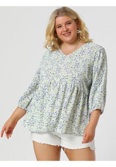 V Neck Babydoll Flowy 3/4 Lantern Sleeve Floral Blouse