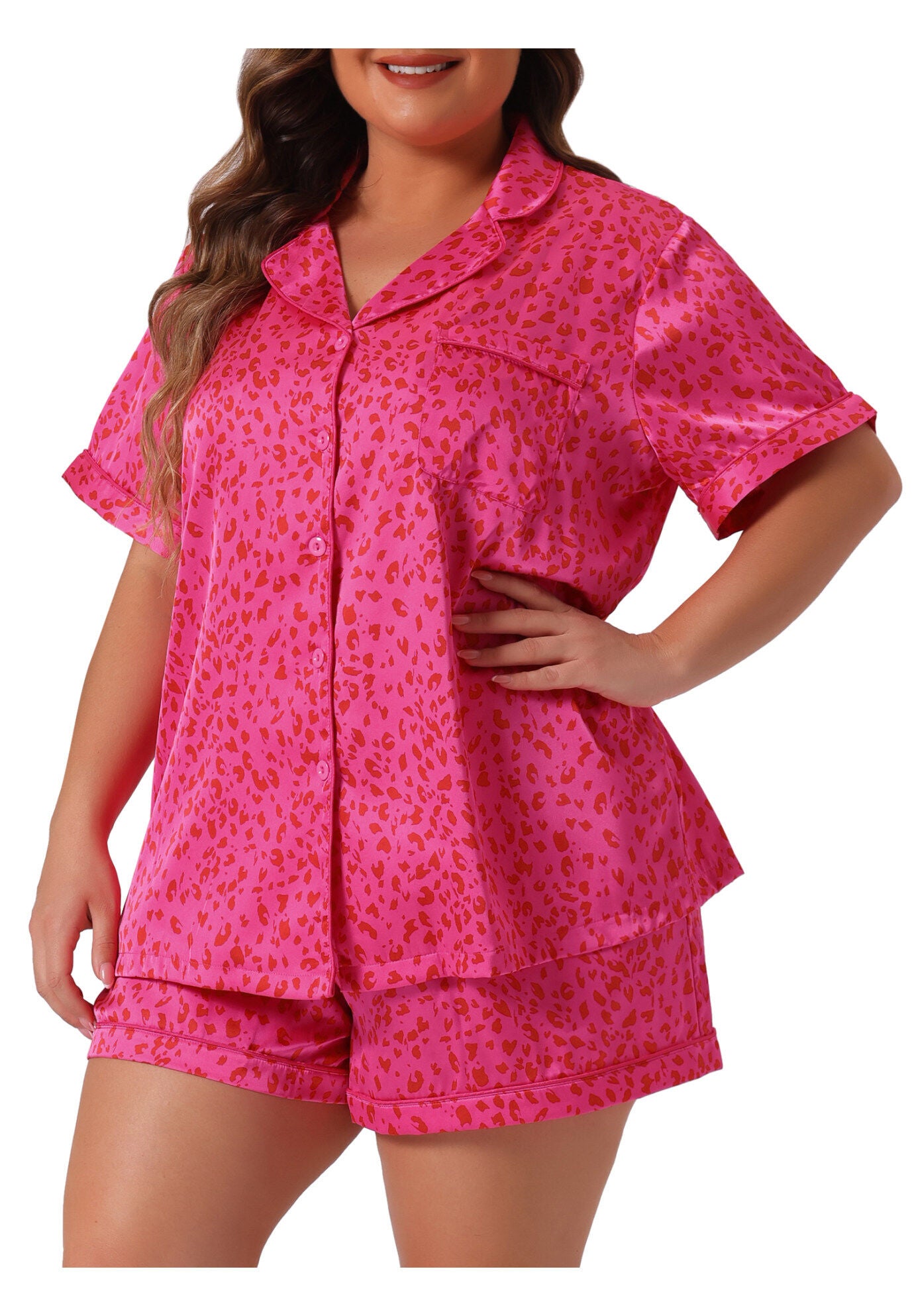 Button Shirt and Shorts 2 Pieces Lounge Set, Hot Pink / Deep Fuchsia, alternate image number 1