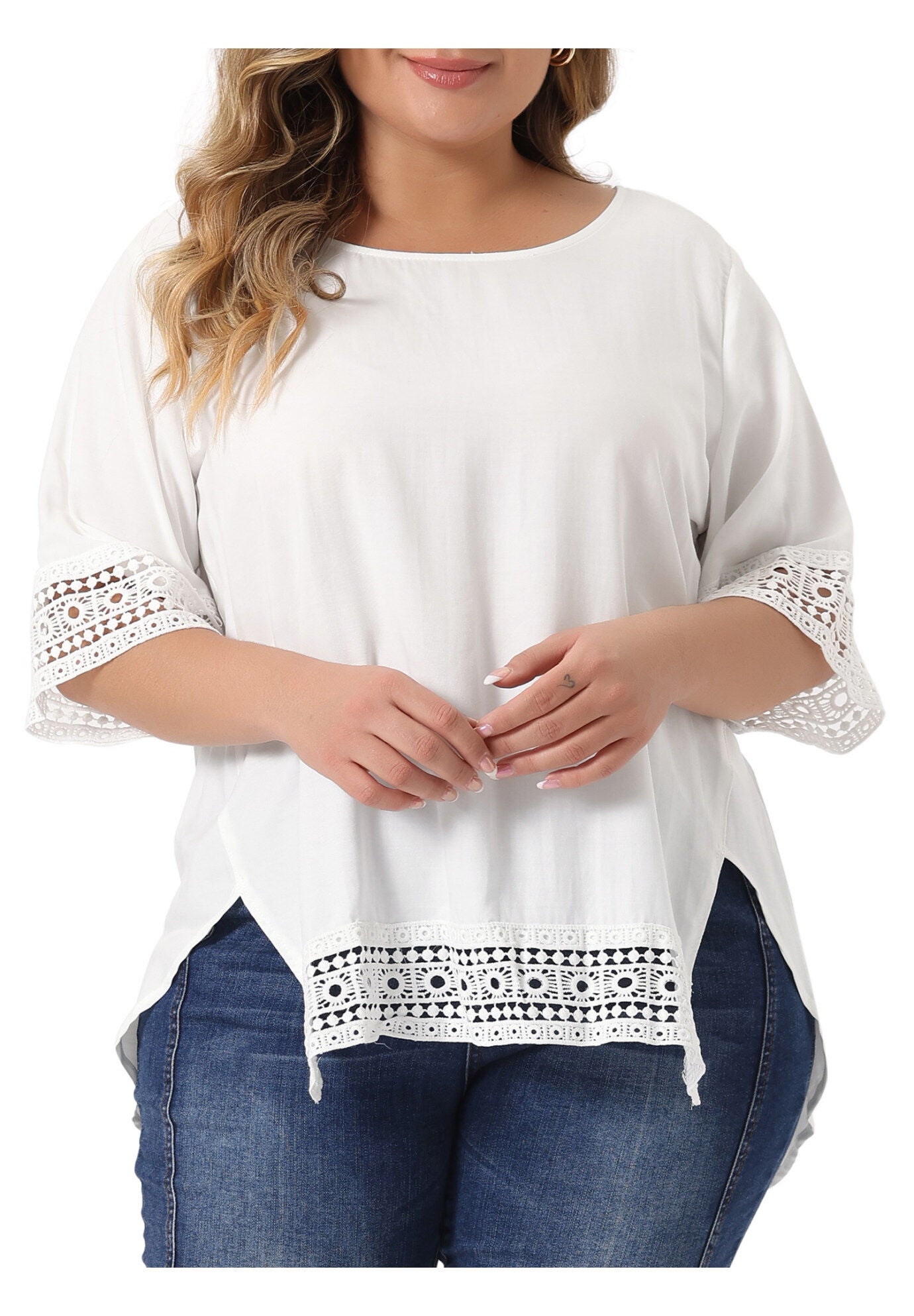 Crewneck Lace Crochet Short Sleeve Casual Loose Top, White / White, alternate image number 1