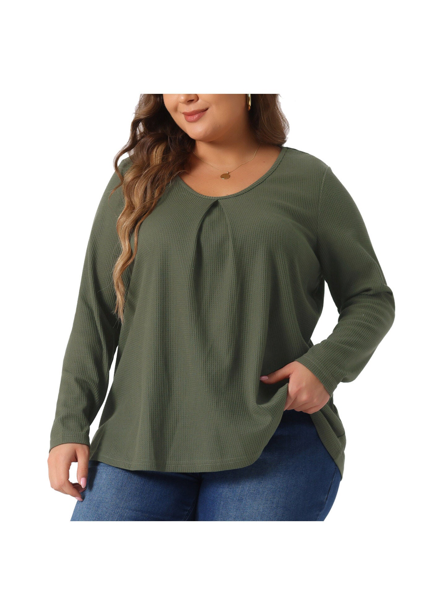 Crew Neck Pleat Front Long Sleeve Waffle Knit Blouse Shirt, Army Green / Olive Green, alternate image number 1