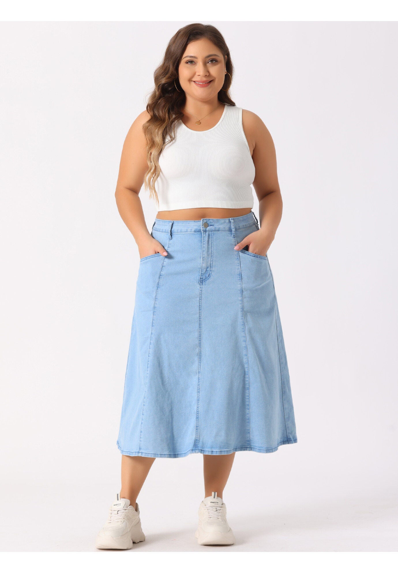 Denim Vintage High Waist with Pockets A-Line Midi Jean Skirt, Light Blue / Light Blue, alternate image number 1