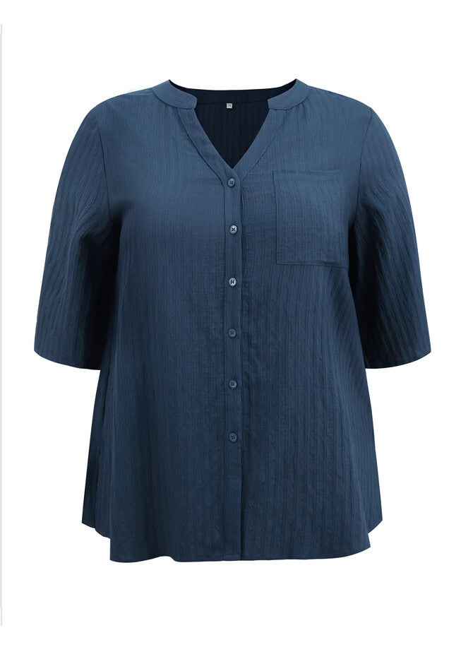 Textual Mandarin Collar V Neck 3/4 Sleeve Shirt Top with Pocket, Dark Blue / Navy, alternate image number 3
