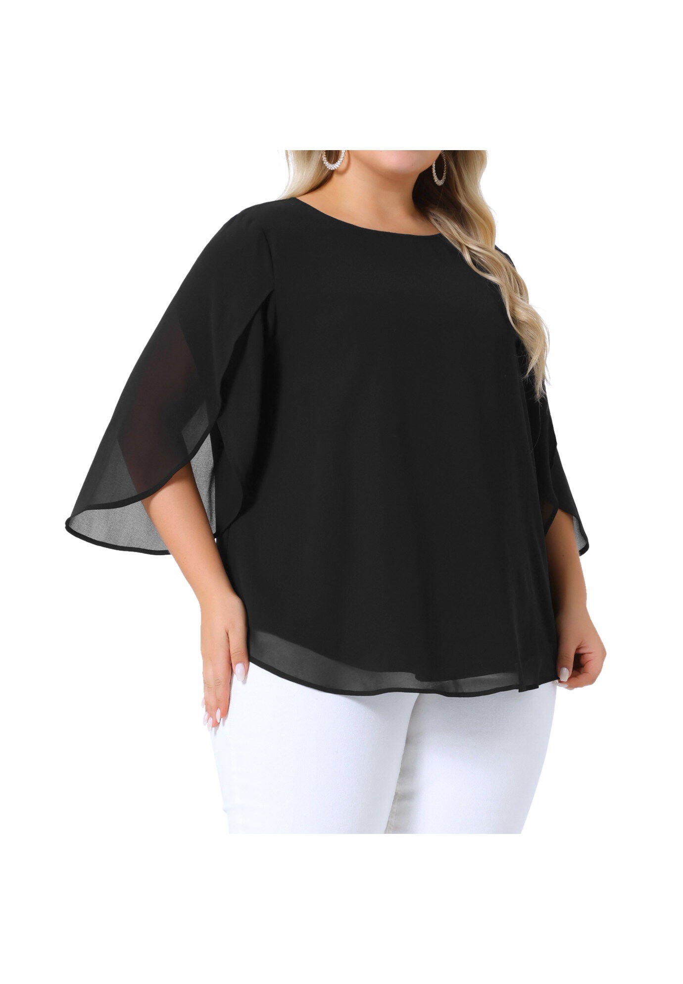 Flutter Petal Half 3/4 Sleeve Loose Chiffon Top, Black / Black, alternate image number 1