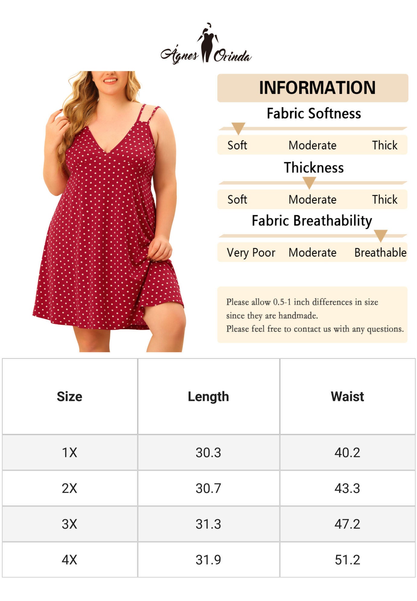 CAMI DEEP V KNIT POLKA DOTS NIGHTGOWN LINGERIE, Red / Red, alternate image number 4