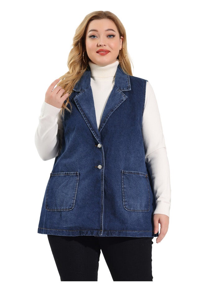 SLEEVELESS LAPEL LONG JEAN DENIM TUNIC VEST, Dark Blue / Navy, alternate image number 3
