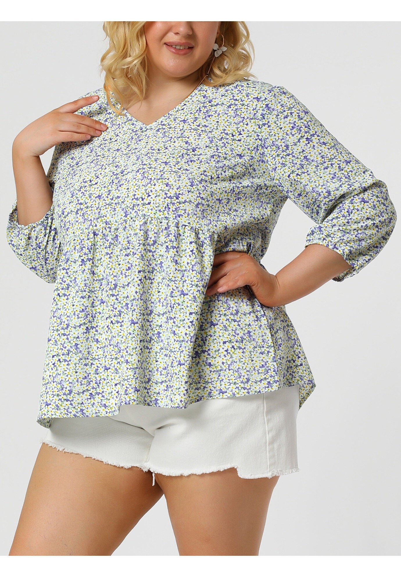 V Neck Babydoll Flowy 3/4 Lantern Sleeve Floral Blouse, Lavender / Purple, alternate image number 1