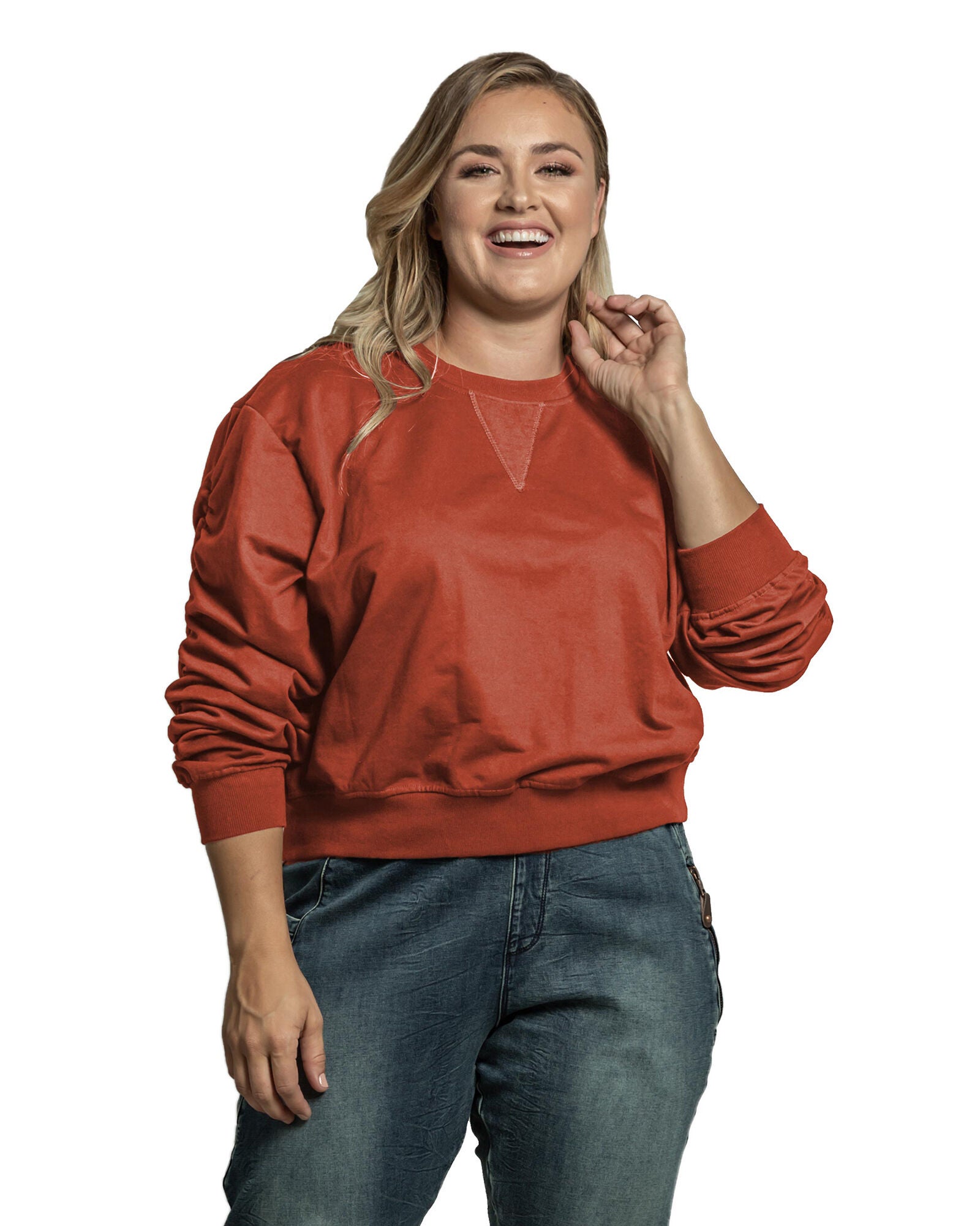 Standards & Practices Women&#39;s Long Sleeve French Terry Ruched Pullover, PAPRIKA / Brown, hi-res image number 0