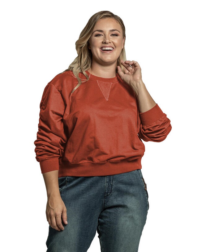 Standards & Practices Women's Long Sleeve French Terry Ruched Pullover, PAPRIKA / Brown, hi-res image number 0