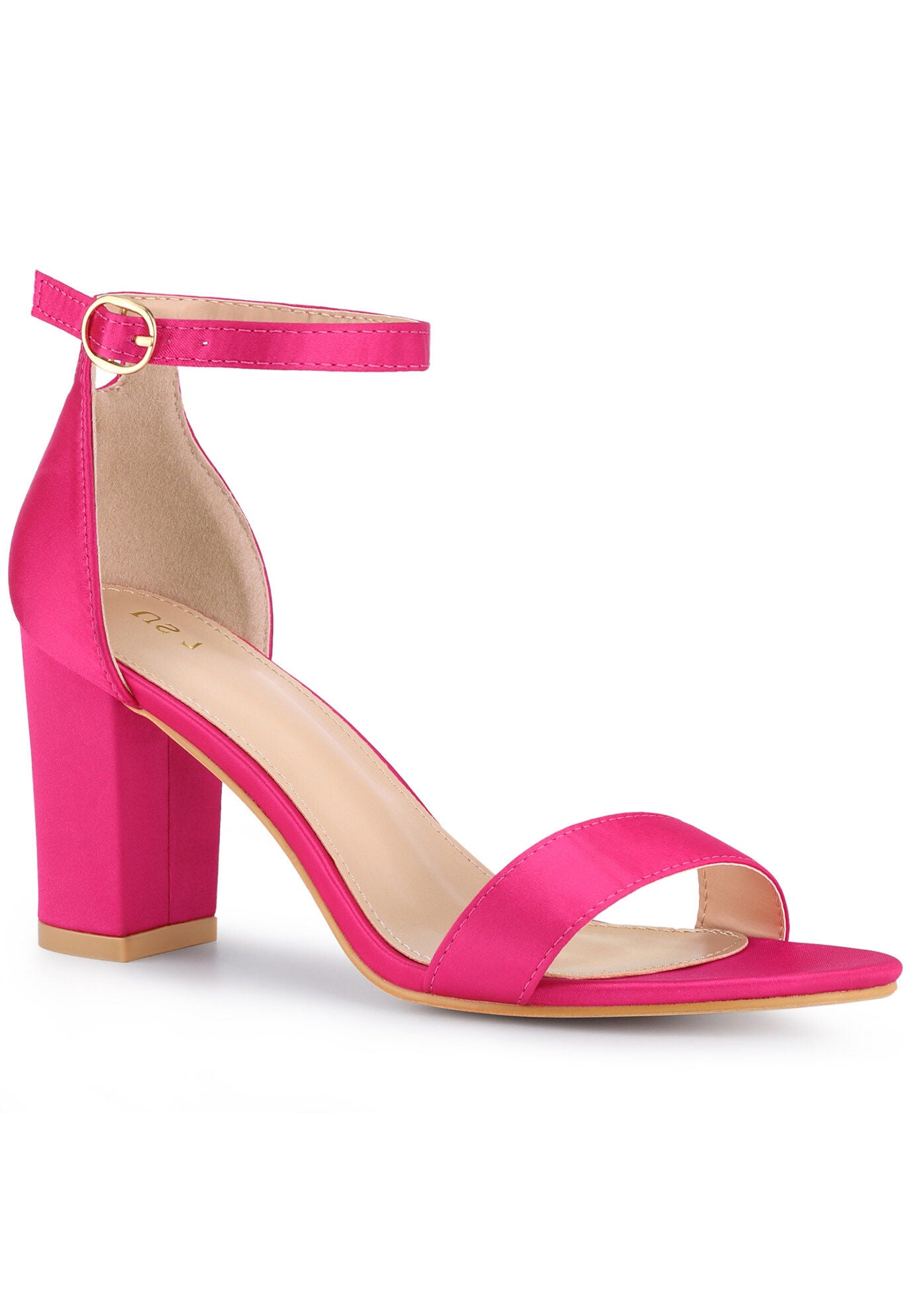 Open Toe High Heel Ankle Strap Satin Block Heels Sandals, Fuchsia / Deep Fuchsia, hi-res image number 0