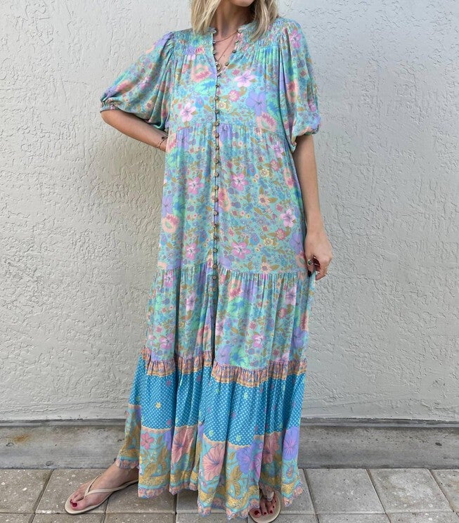 HIBISCUS LANE BUTTON THROUGH MAXI GOWN IN BLUE FLORAL, , alternate image number 3