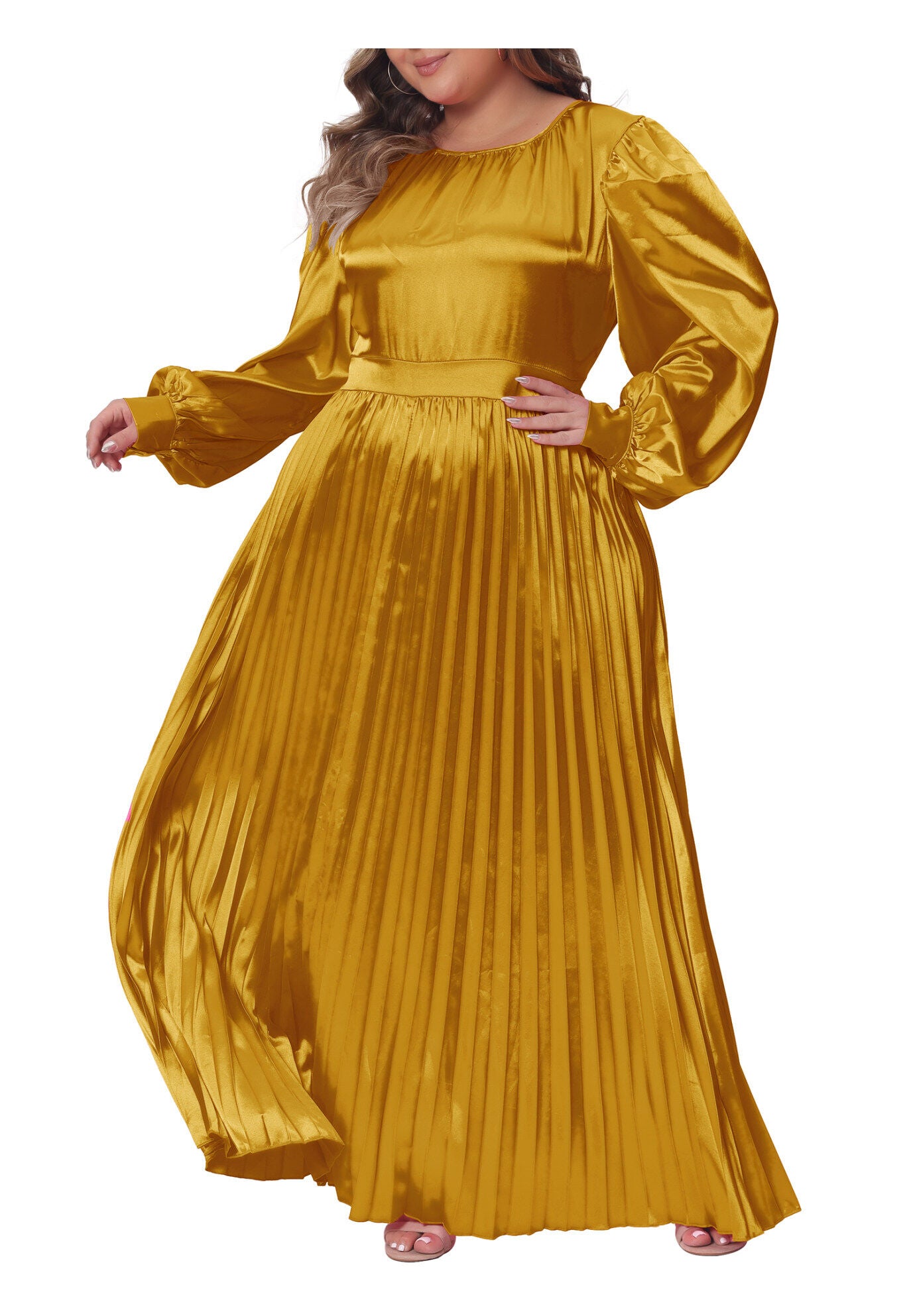 Lantern Long Sleeve Flowy Swing Pleated Maxi Dress, Gold / Gold, alternate image number 2