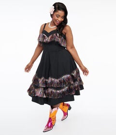 Unique Vintage Black & Rainbow Fringe Girlie Swing Dress