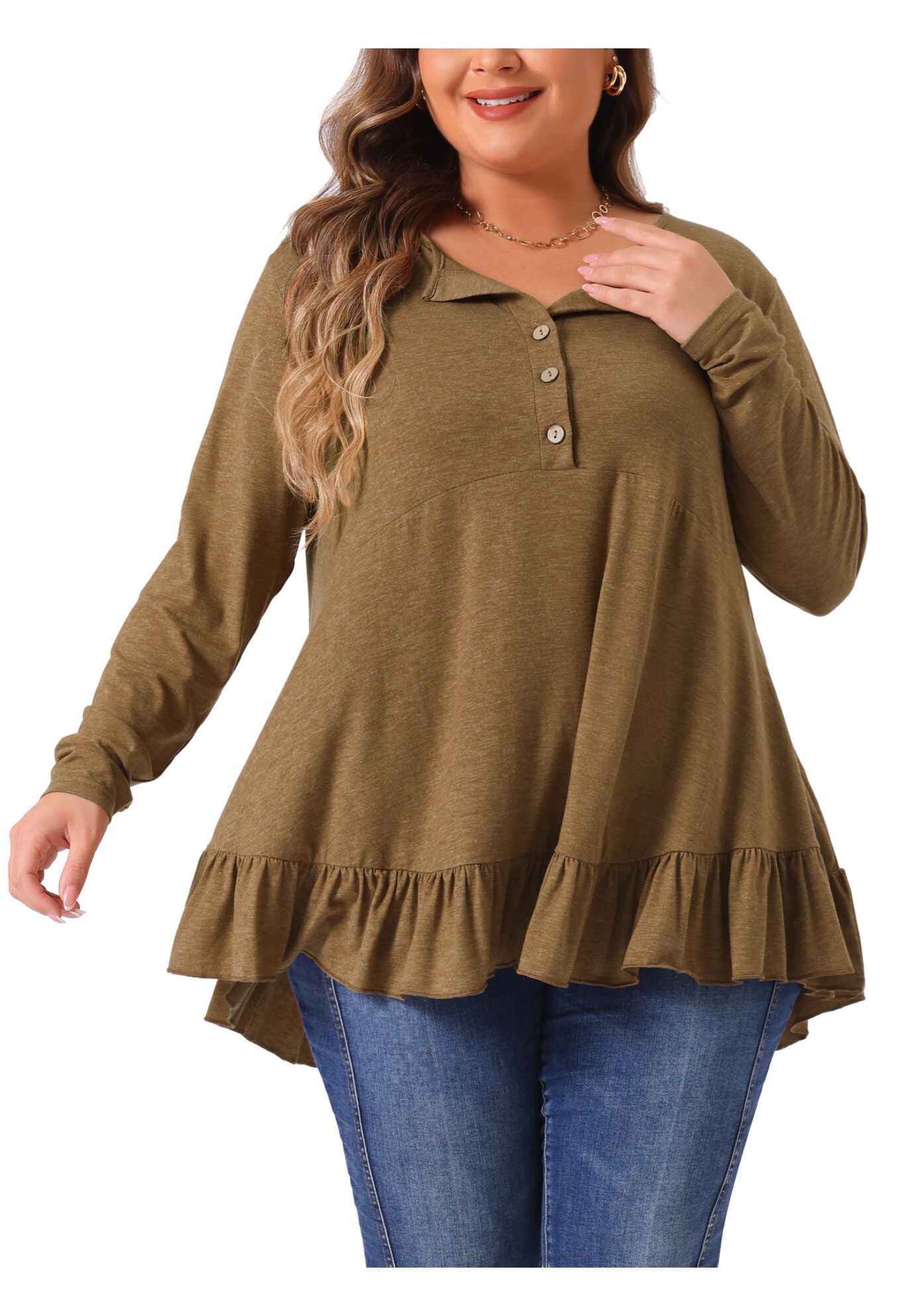 Henley V Neck Ruffled Hem Flowy Blouse Tunic, Brown / Brown, alternate image number 4