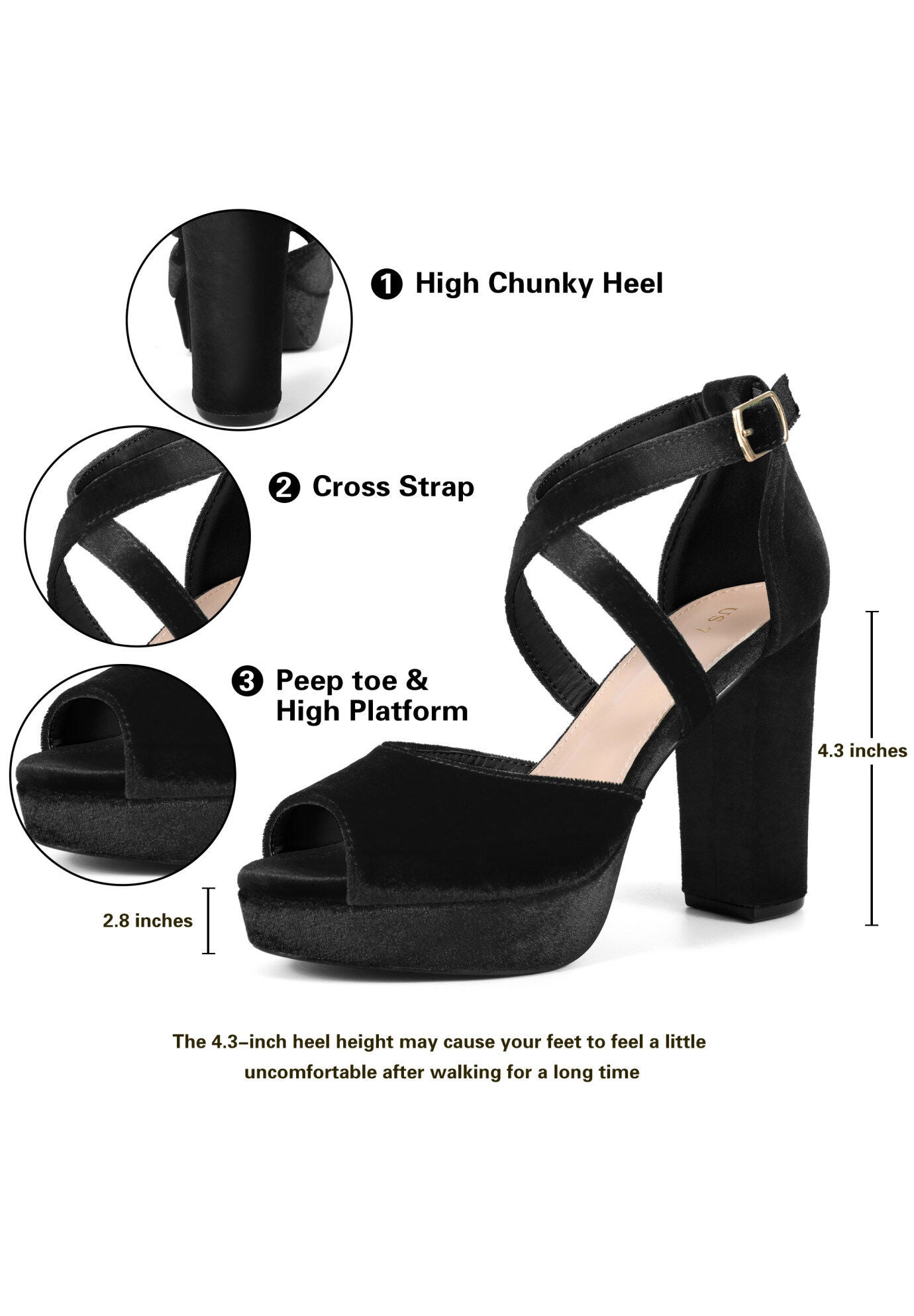Peep Toe Pumps Velvet Block Heel Platform Sandals, Black / Black, alternate image number 4