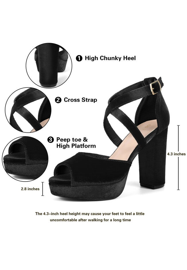 Peep Toe Pumps Velvet Block Heel Platform Sandals, Black / Black, alternate image number 4