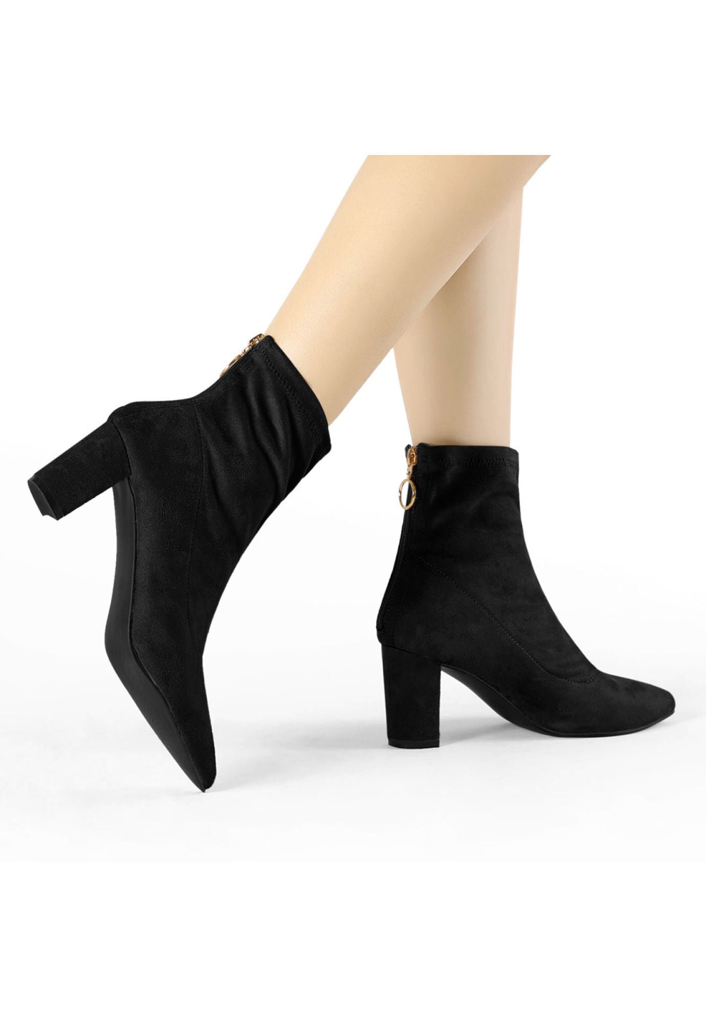 Pointed Toe Zipper Chunky Heels Ankle Boots, Black / Black, alternate image number 1