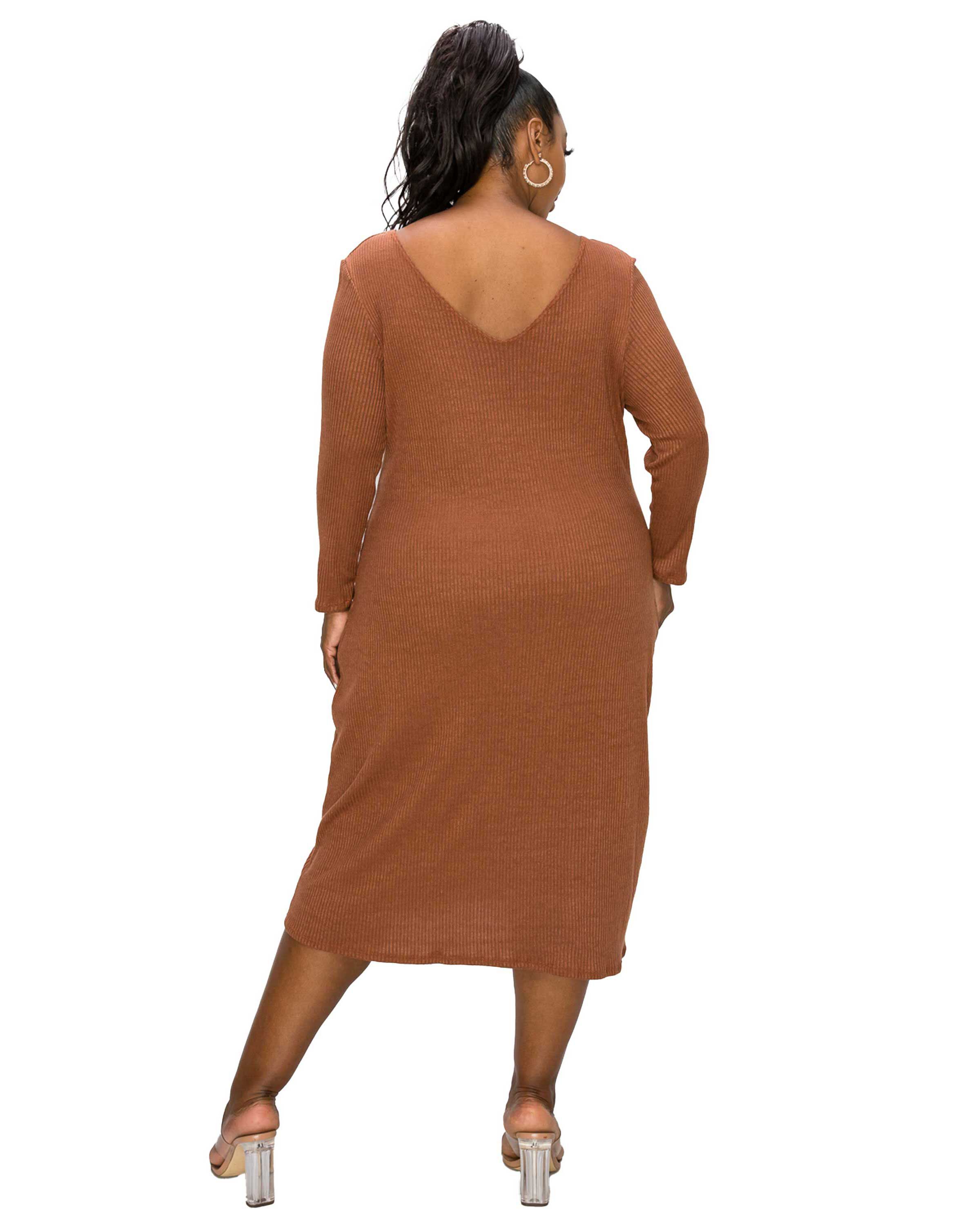 PLUNGE NECK CASHMERE RIB MIDI DRESS, Chestnut / Brown, alternate image number 1