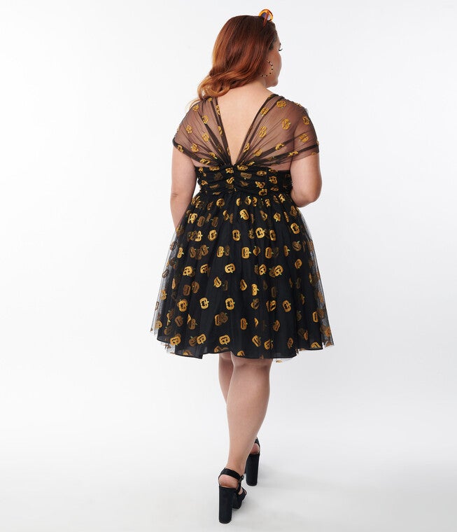 Unique Vintage Black & Pumpkin Print Babydoll Dress, Black / Black, alternate image number 1