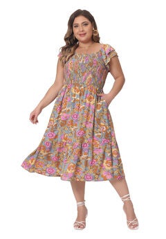 Square Neck Flutter Sleeve Smocked High Waist Flowy Summer Midi Dress