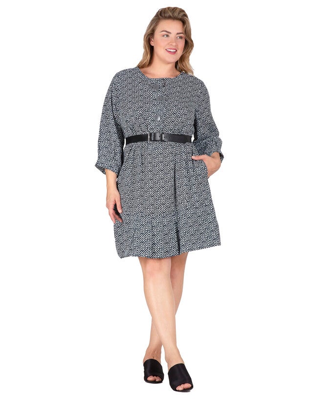 Victoria Women's Plus Size Pullover 3/4 Sleeve Flounce Pleated Hem Mini Dress, , alternate image number 8
