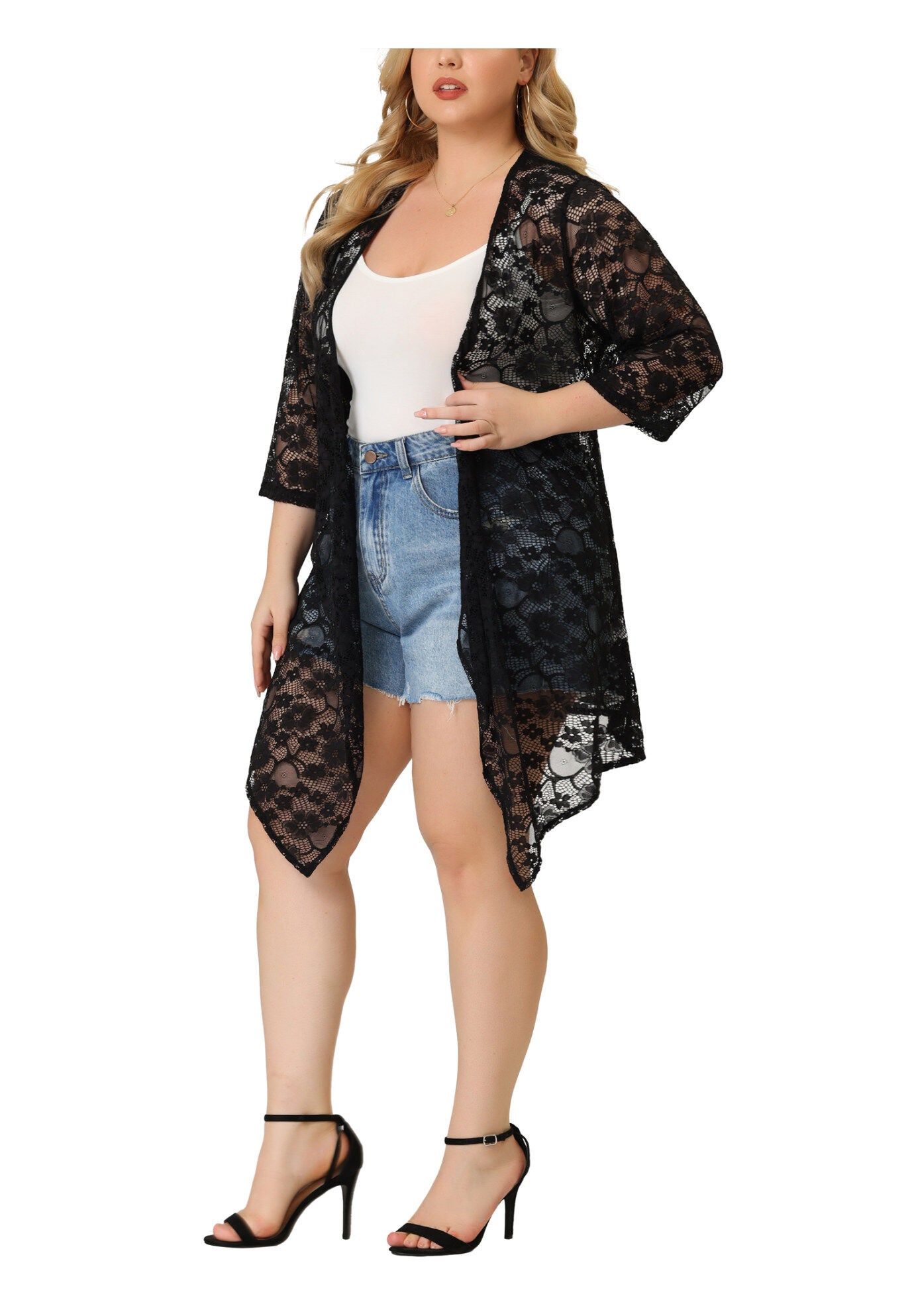 OPEN FRONT 3/4 SLEEVES CROCHET CARDIGAN COVER UP, Black / Black, alternate image number 1