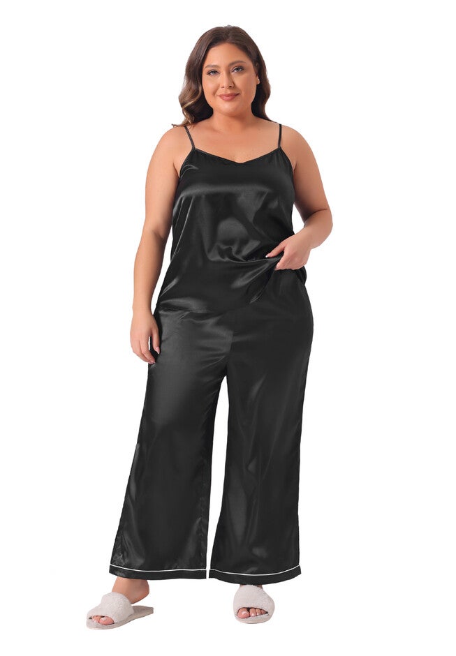 Satin Pajama Set 2 Piece Cami Top and Pants with Pockets, Black / Black, hi-res image number null