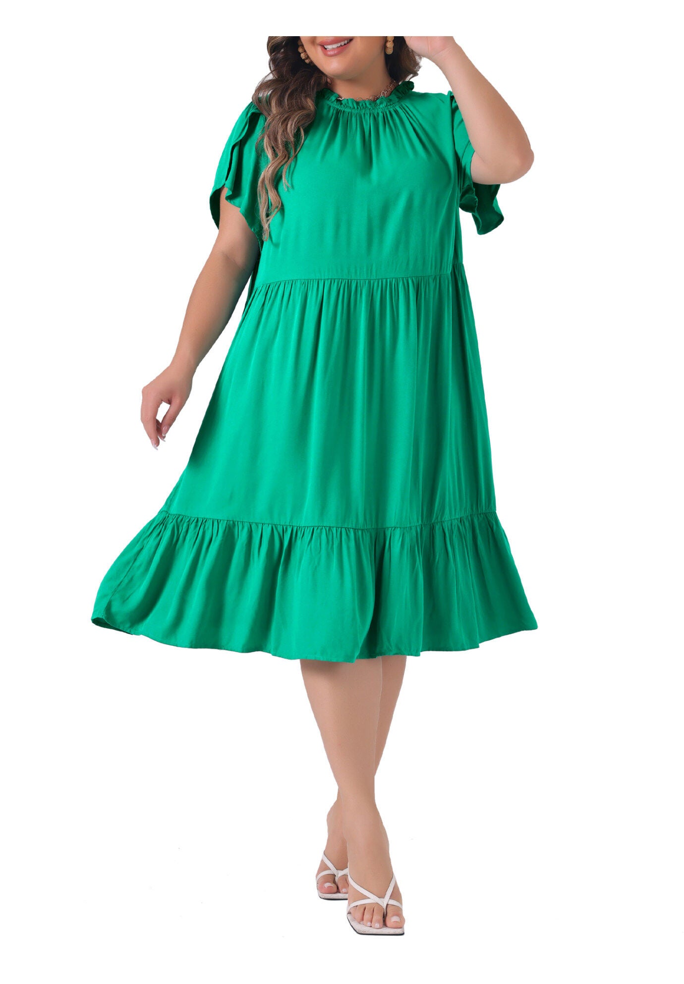 TIE BACK PETAL SLEEVE MOCK NECK RUFFLE HEM A-LINE SWING MIDI DRESS, Green / Kelly Green, alternate image number 2