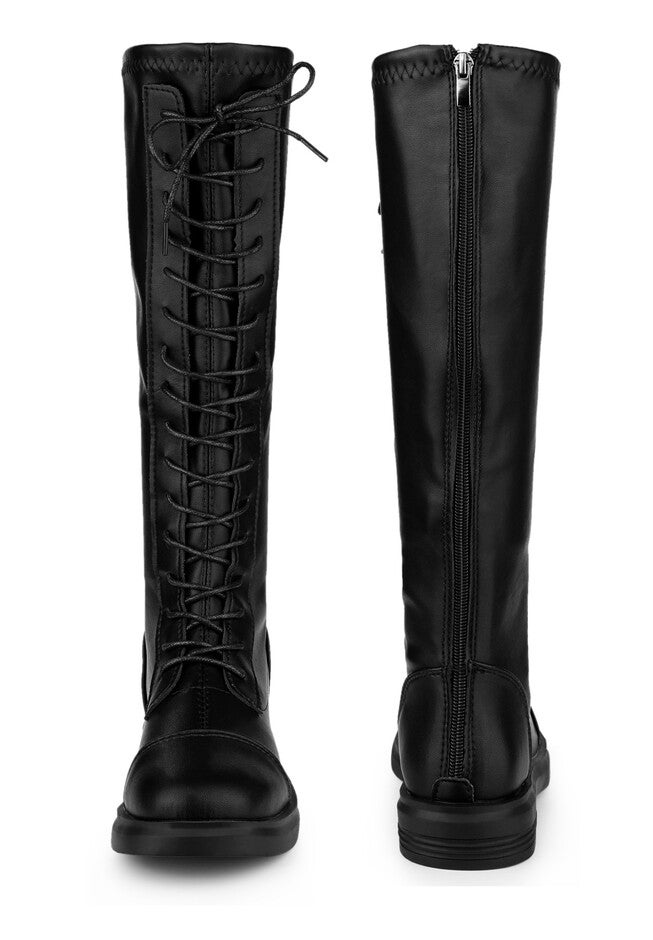 Lace Up Lug Sole Flat Low Heel Knee High Combat Boots, Black / Black, alternate image number null