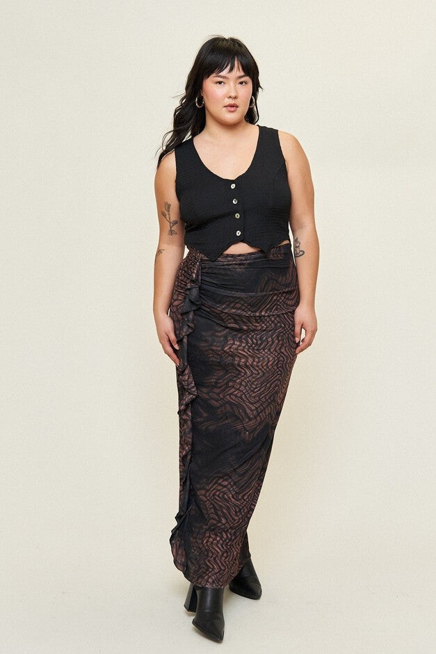 Georgia Mesh Maxi Skirt, Distorted Plaid / Brown, hi-res image number 0