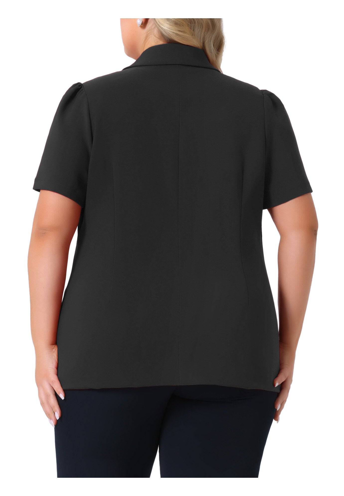 Notched Lapel Short Puff Sleeve Blazer Jackets, Black / Black, alternate image number 3